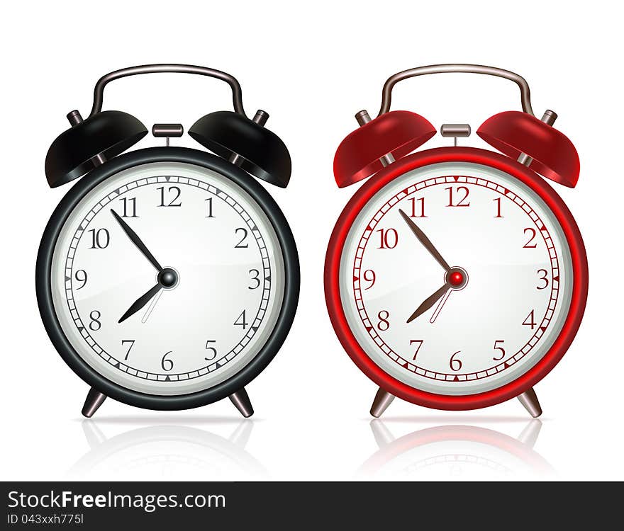 Black alarm clock and red alarm clock on white background. Black alarm clock and red alarm clock on white background