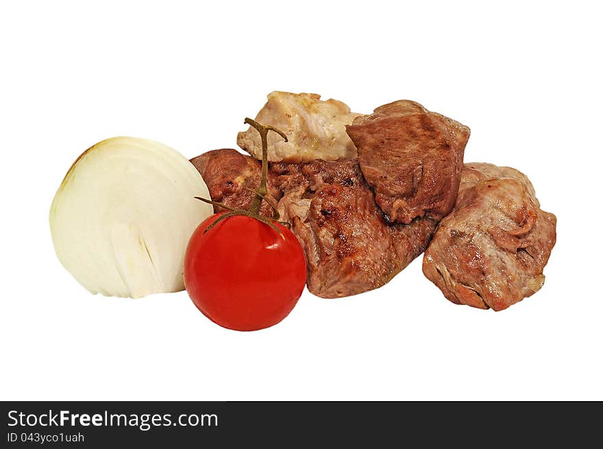 Roasted meat,tomato and onion isolated on white background. Roasted meat,tomato and onion isolated on white background.