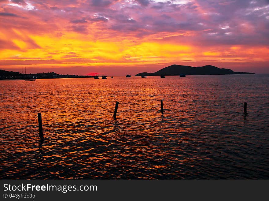 Beauty landscape with sunrise over sea in samaesan island, thailand