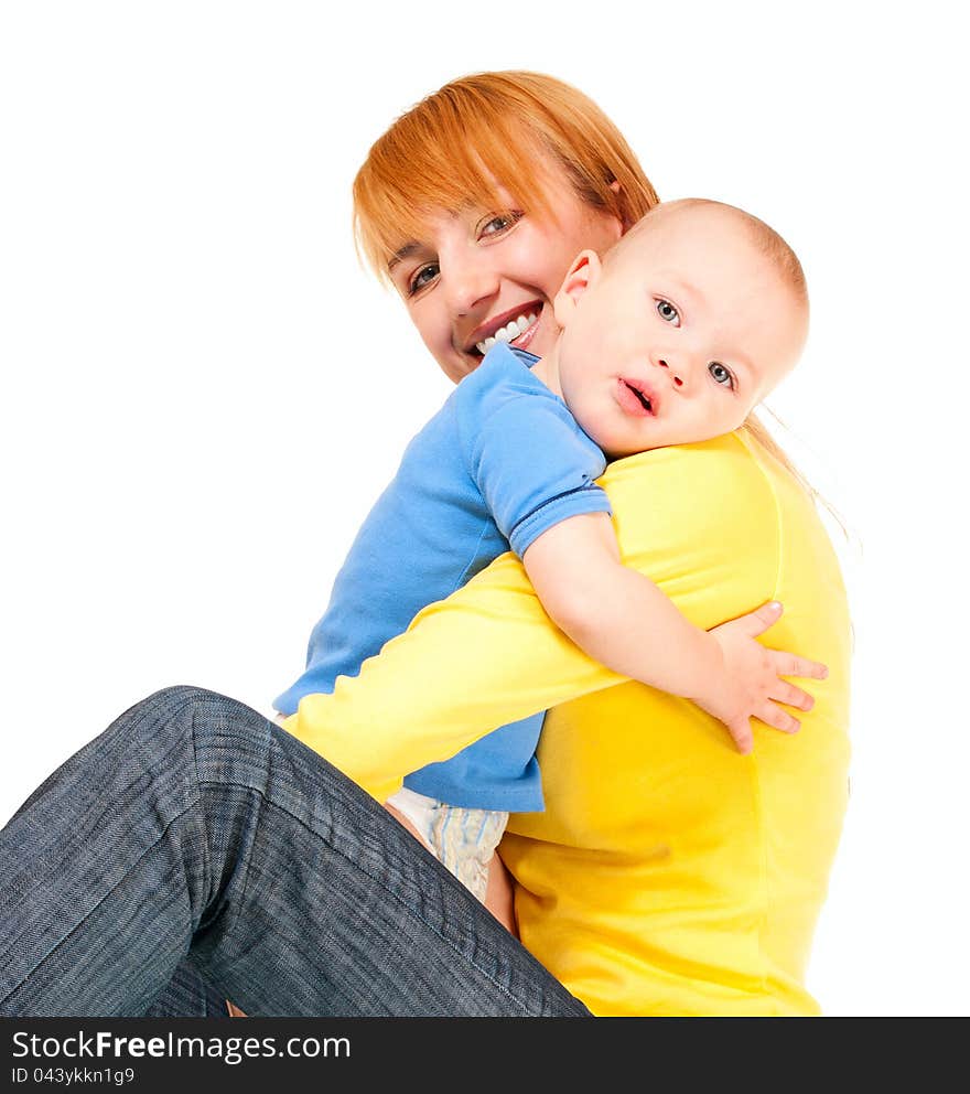 Mother and son embrace isolated on white