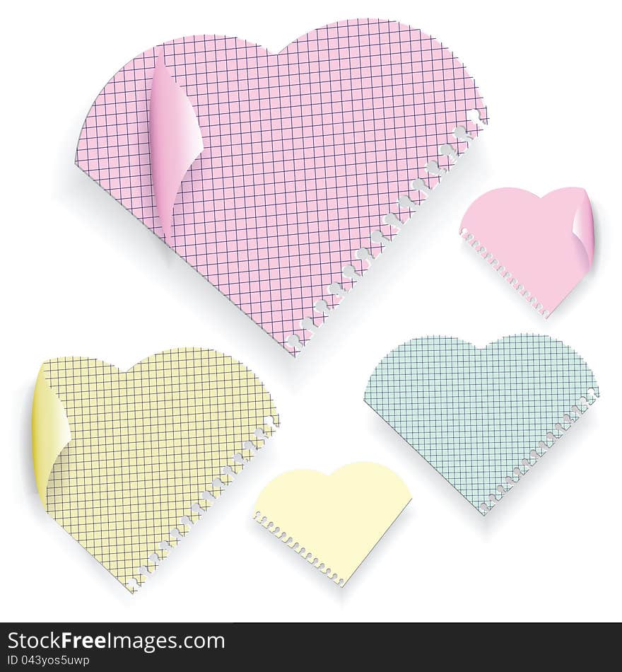 Five colored sheets of paper out of a pad with a spiral. Sheets of paper in the shape of a heart on a white background. 3 pages dog-eared. Vector illustration.