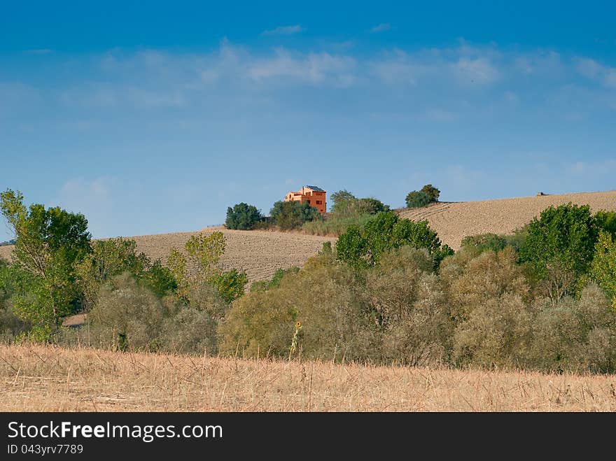 Panoramic Sunset Landscape Fields In Italy