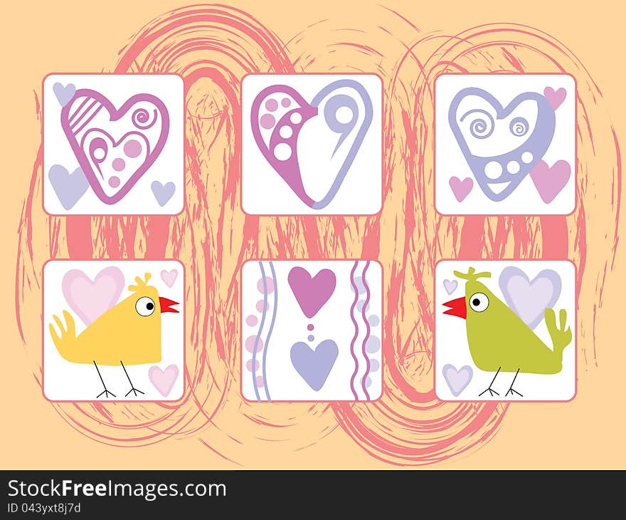 Romantic card with hearts and birds in love. Romantic card with hearts and birds in love