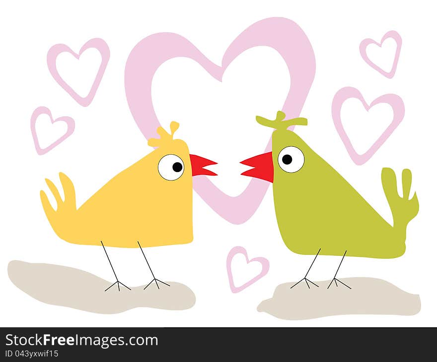 Birds in love with pink hearts