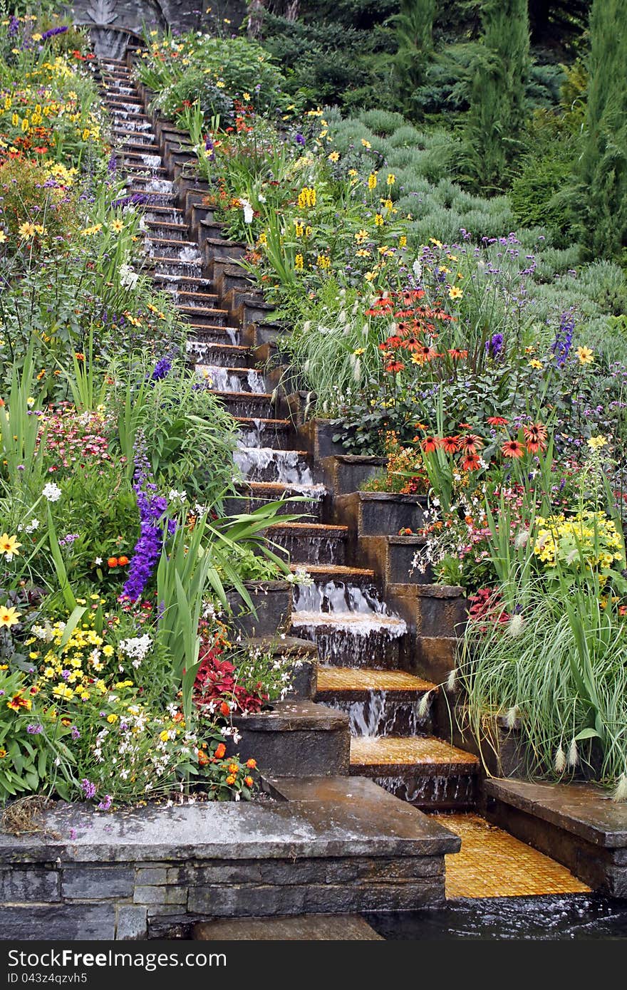 Flowers and Waterfall in the Garden. Flowers and Waterfall in the Garden