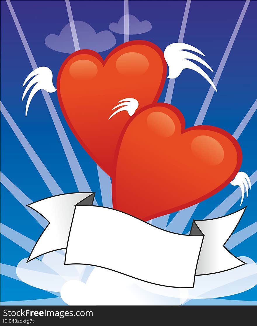 Two hearts with small wings with blue backround and sheet for a message. Two hearts with small wings with blue backround and sheet for a message