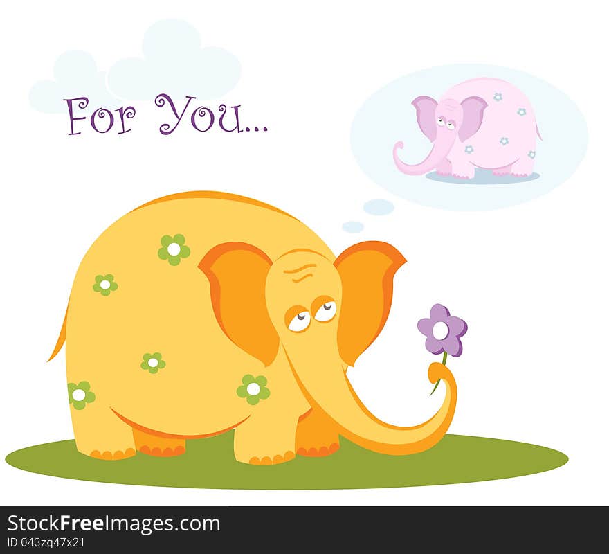 Vector illustration of funny cartoon elephant in love