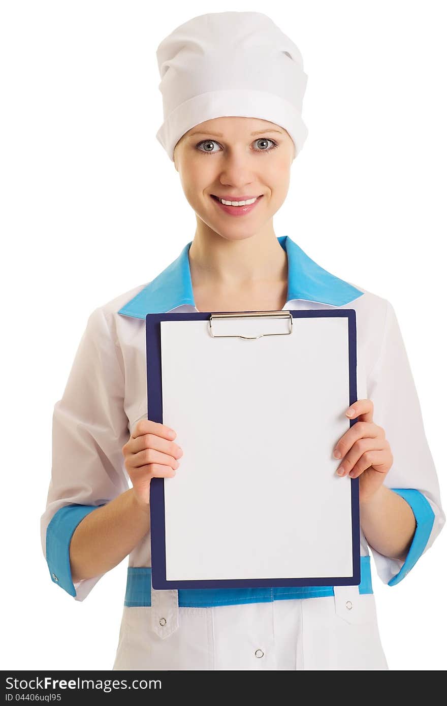 Nurse with an advertising tablet on a white background