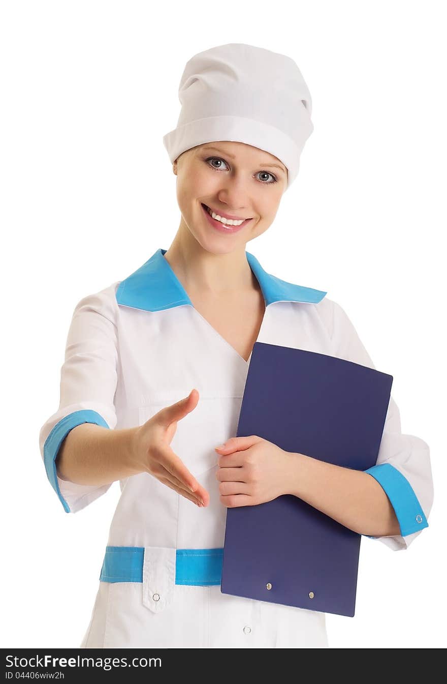 Attractive young woman doctor shaking hands isolated on white background