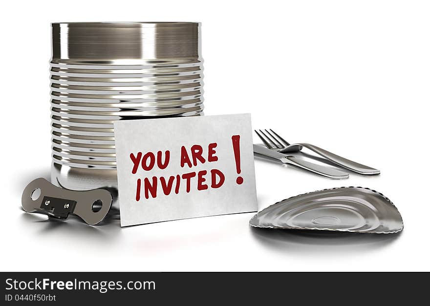 You are invited written on a card with tin can, lid, fork, knife and can opener over white background