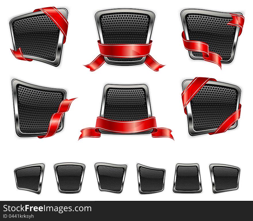 Black distorted square badge with red ribbon on white background, vector illustration