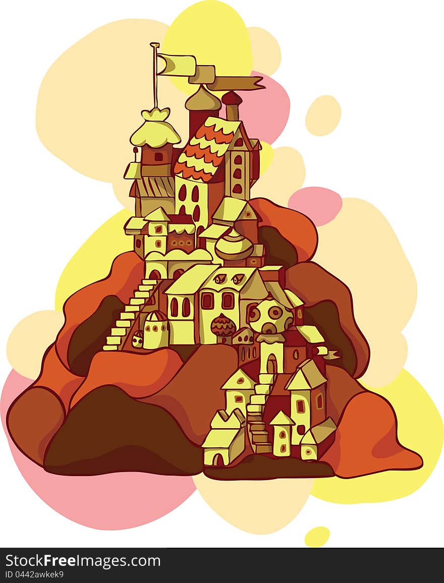 Fairy tale castle in golden colors, with flags. Fairy tale castle in golden colors, with flags