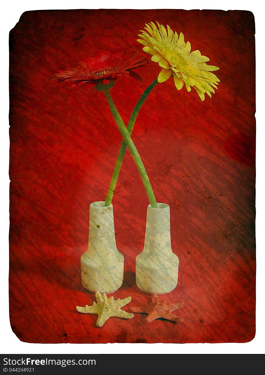 Still life with flowers gerberas. Old postcard.