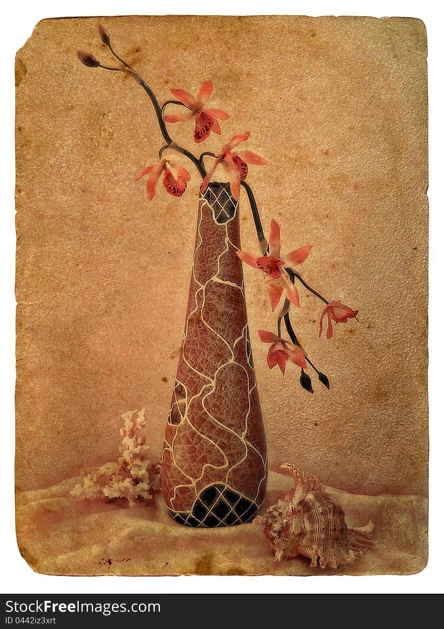 Still Life with Orchid. Old postcard, design in grunge and retro style. Still Life with Orchid. Old postcard, design in grunge and retro style