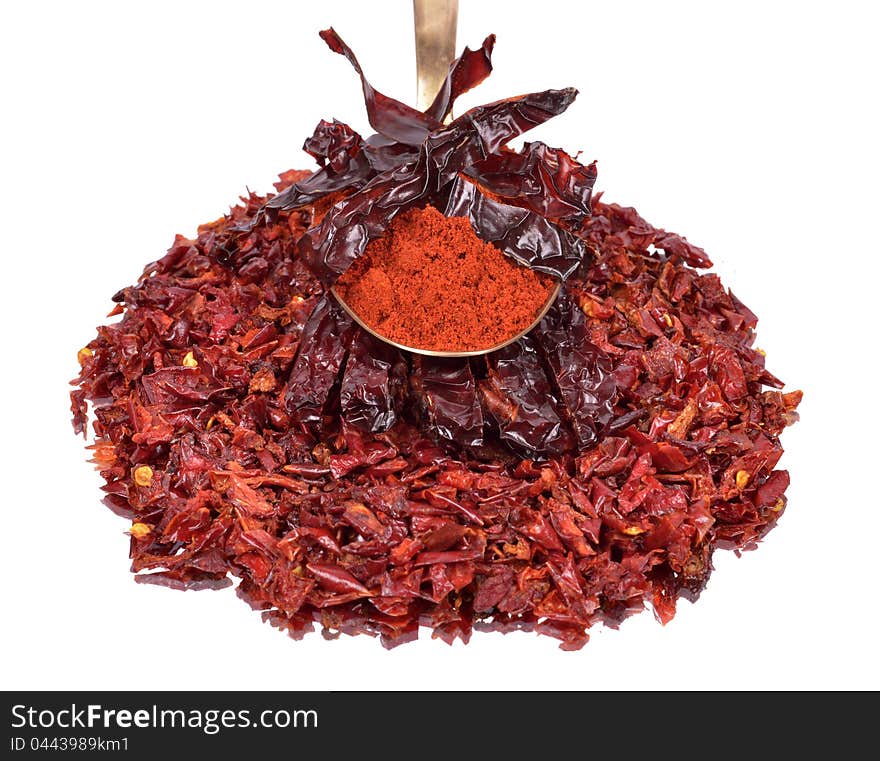 Red Peppers dried,crushed,spicy chili powder , isolated white background