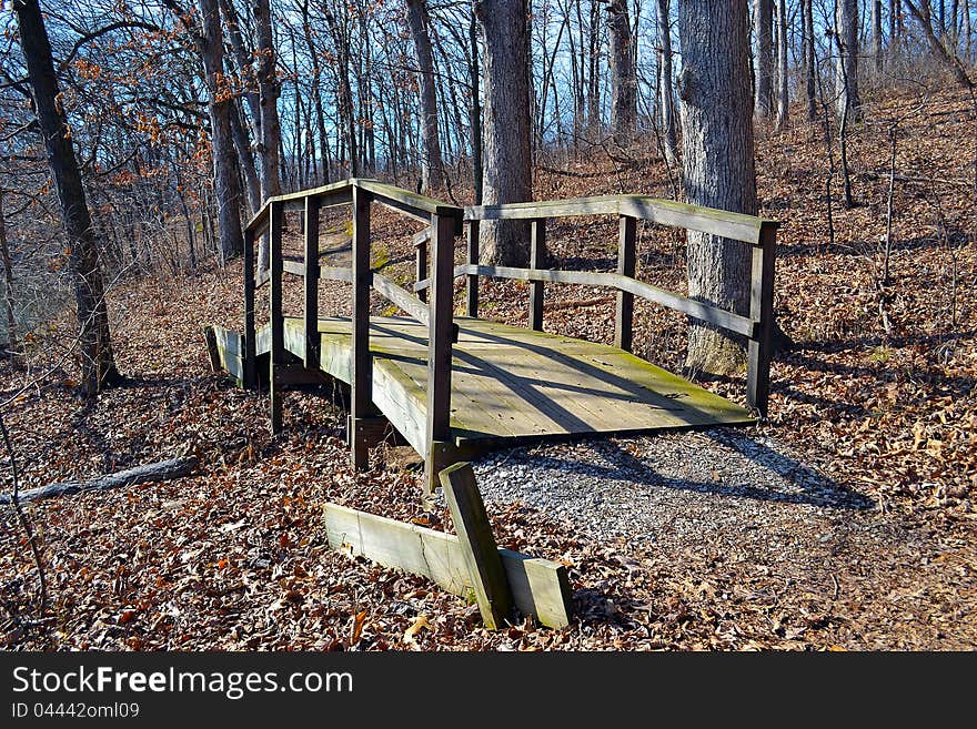 A trail bridge in an Illinois state park. A trail bridge in an Illinois state park.