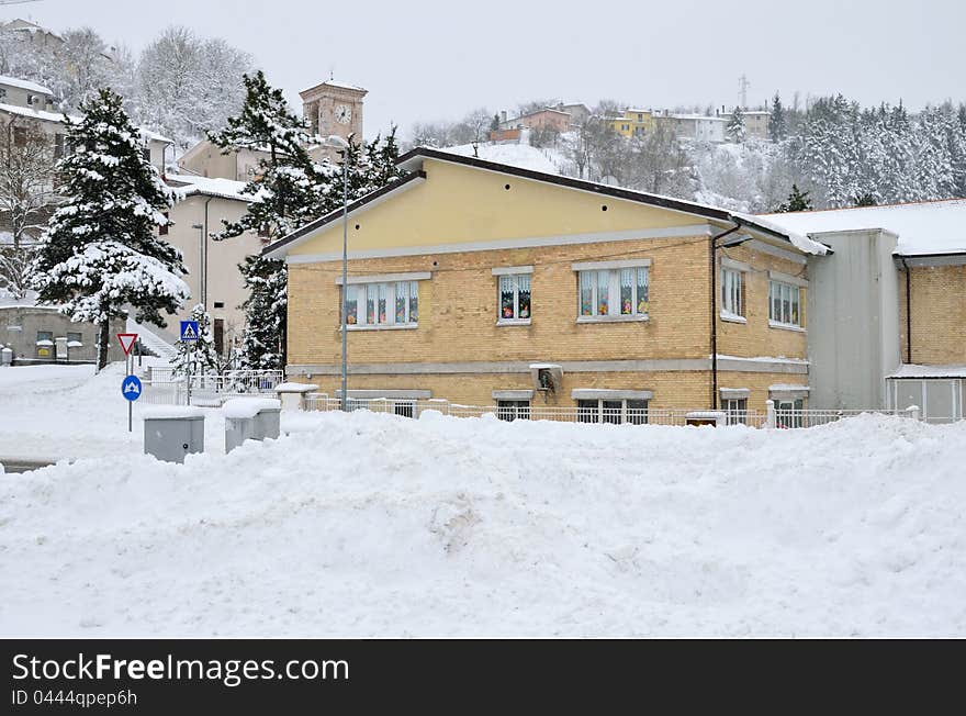 Elementary school in the snow