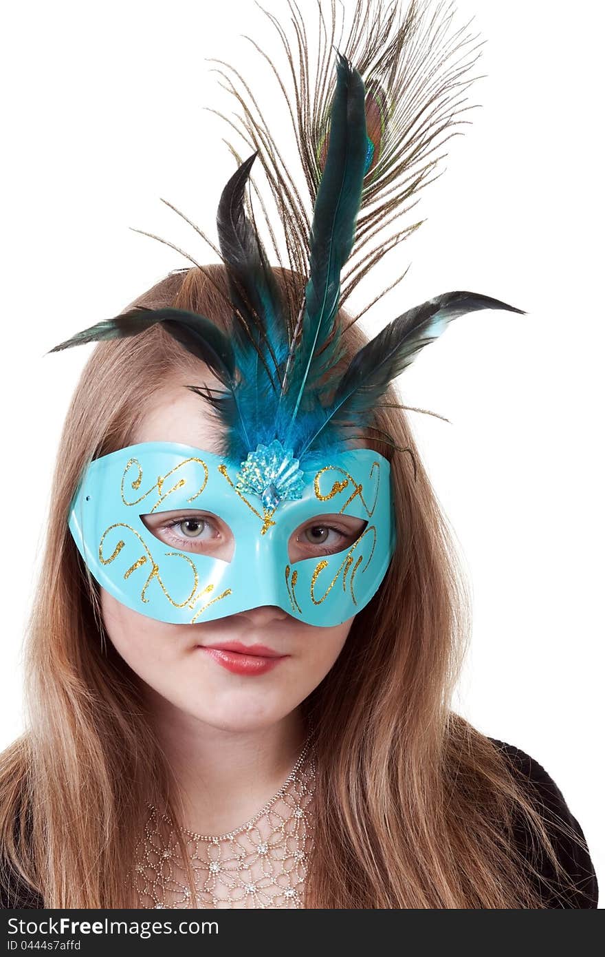 Girl in the blue masquerade mask on a white background