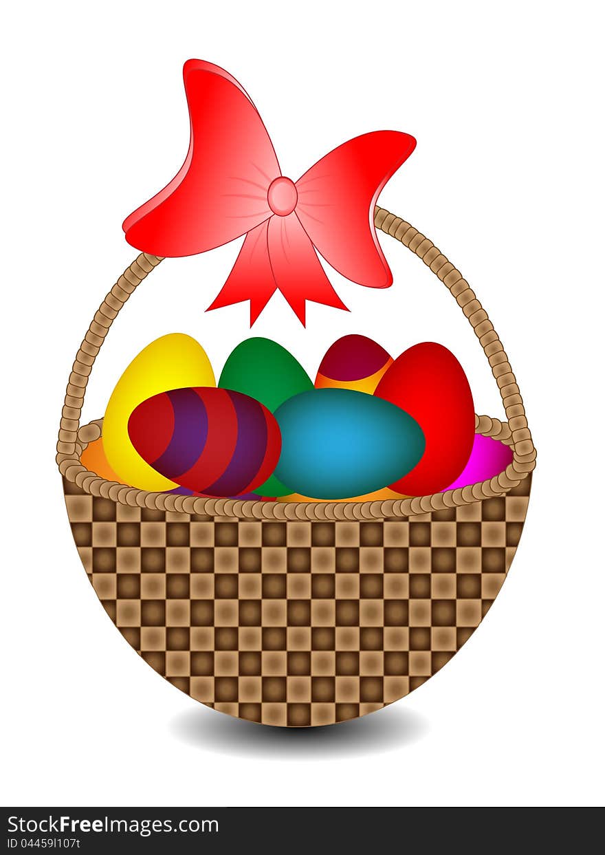 Easter basket with colorful eggs and ribbon