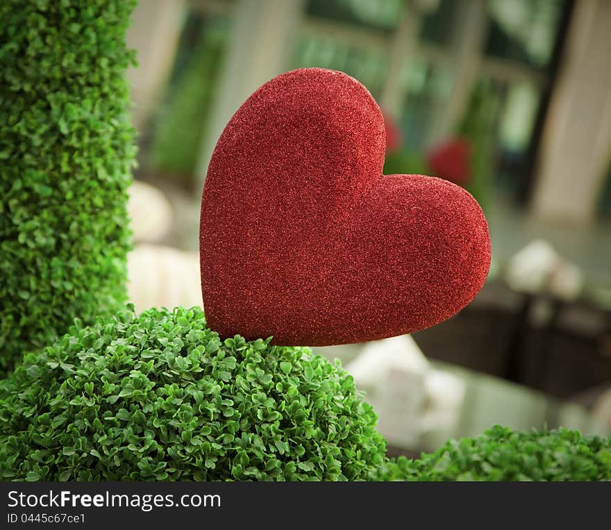 Red heart symbol in the green bush