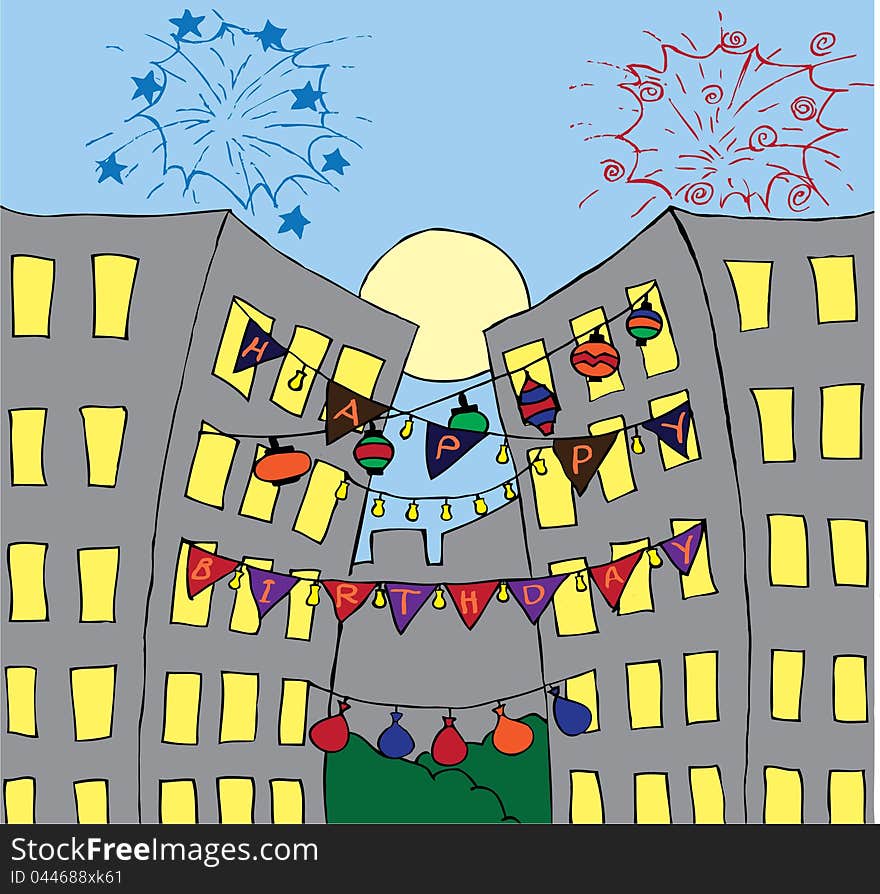 Illustration of a birthday card with decorated buildings. Illustration of a birthday card with decorated buildings