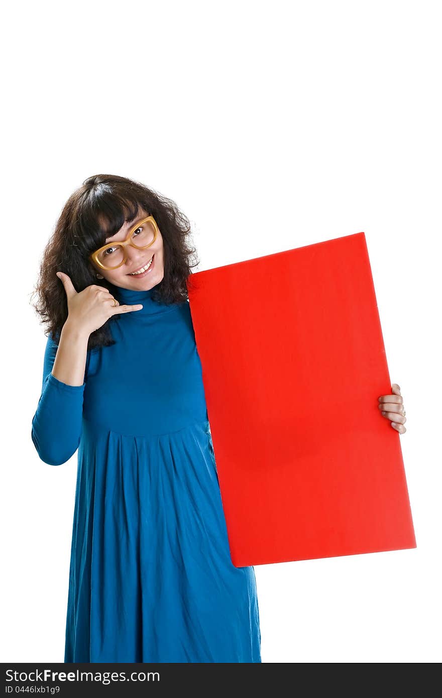 Brunette curly woman, hold red banner. Isolated over white background. Brunette curly woman, hold red banner. Isolated over white background