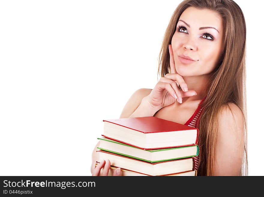 Portrait Of A Young Woman With Books Isolated