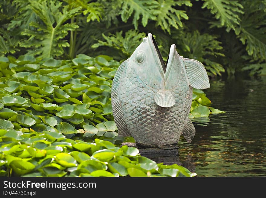 Pond with lots of green leaves and fish statue. Pond with lots of green leaves and fish statue