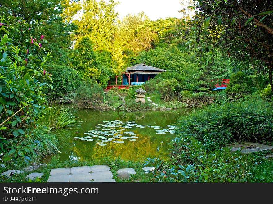 Beautiful japanese garden in the botanical garden of Cluj-Napoca, Romania