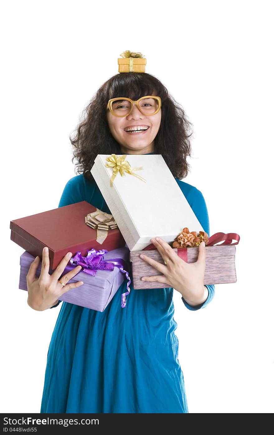 Cute brunette woman have a lot of presents isolated over white background