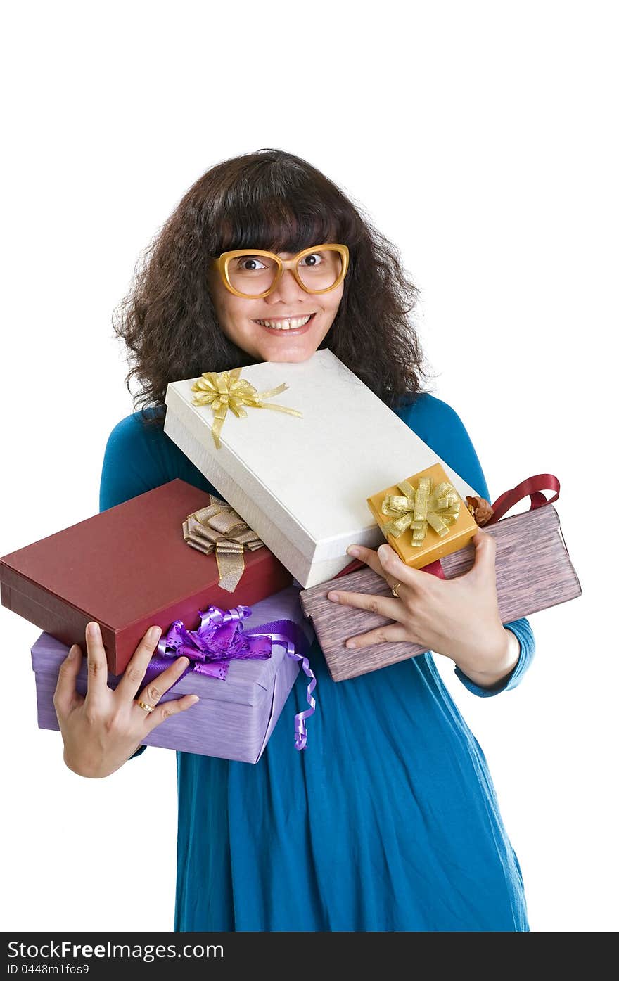 Cute brunette woman have a lot of presents isolated over white background