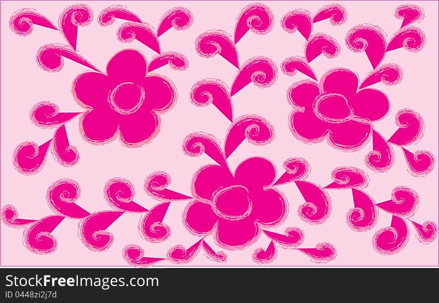 Decorative pink flowers with leaves by krausens on a pink background. Decorative pink flowers with leaves by krausens on a pink background