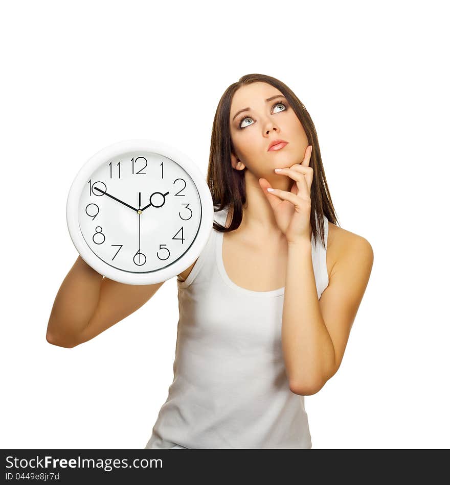 The girl with clock has reflected, on a white background