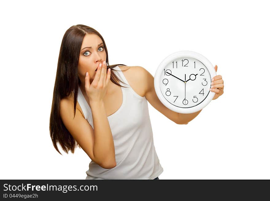 The girl with clock becomes surprised, on a white background