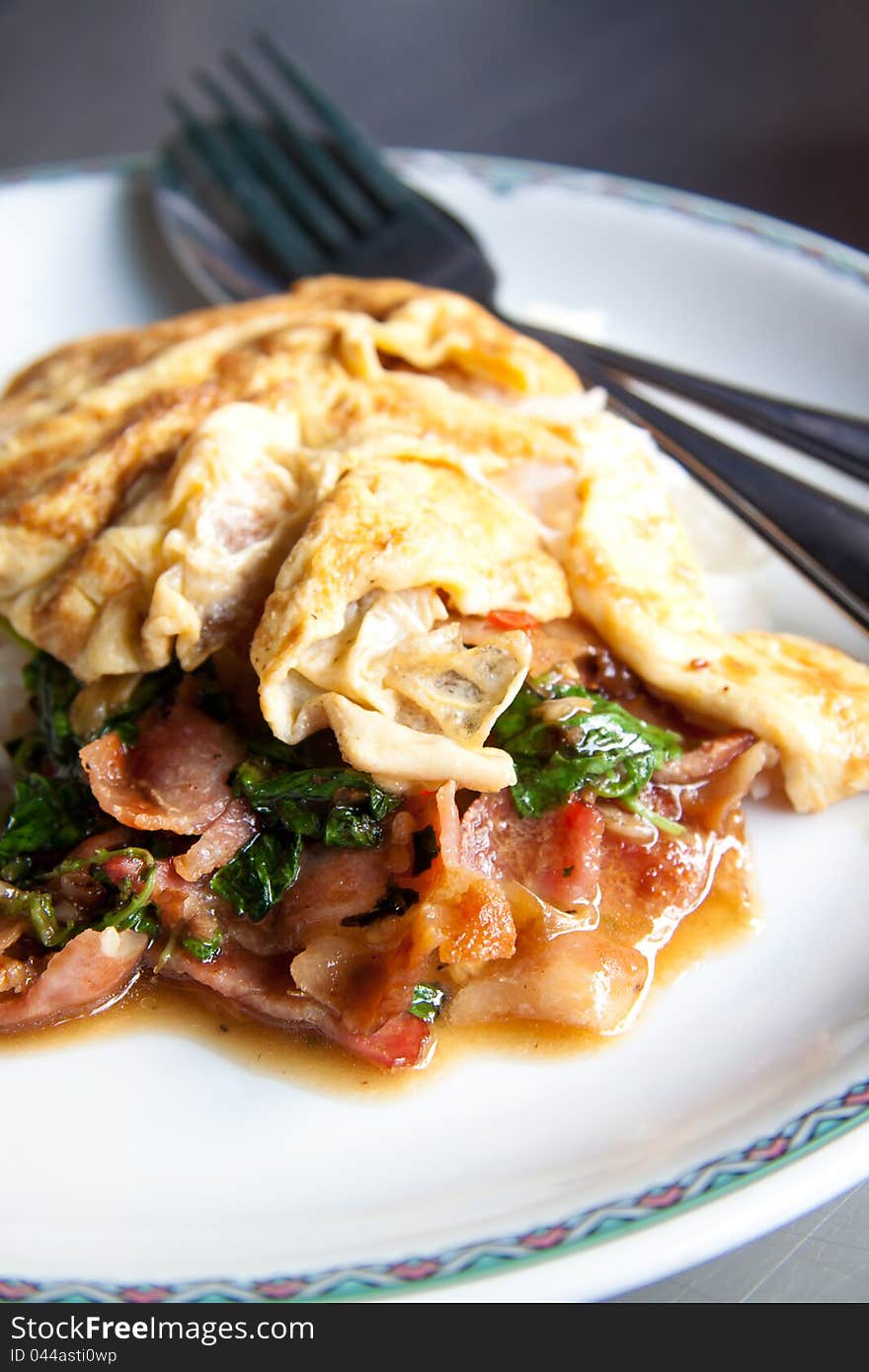 Stir fried bacon with holy basil, bacon pad bai gaprow, thai cuisine