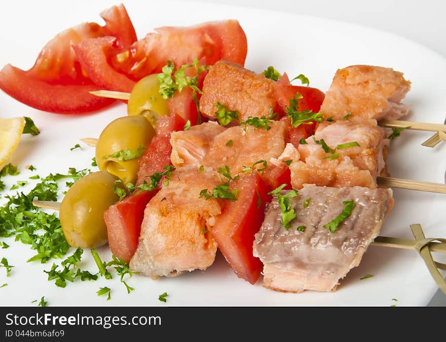 Close up of grilled salmon with vegetables