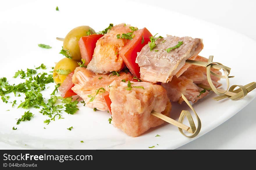 Close up of grilled salmon with vegetables