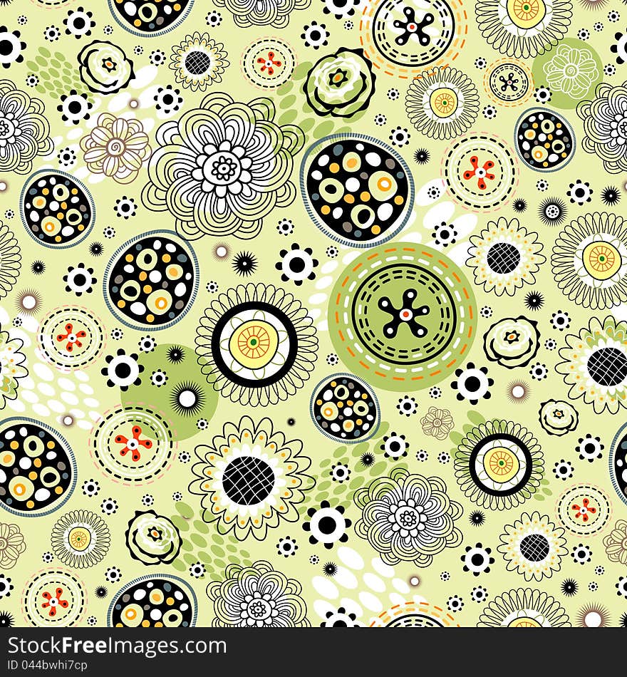 Seamless bright abstract pattern on a green background with black and white elements and flowers