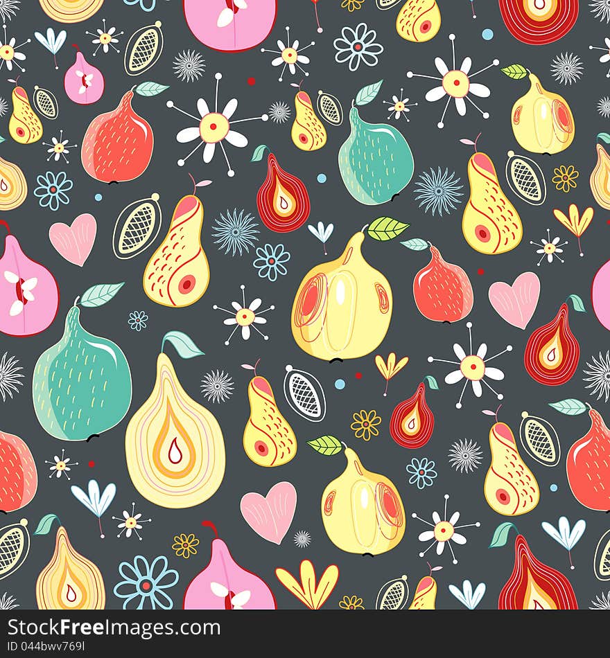 Seamless pattern of pears and flowers on a dark background. Seamless pattern of pears and flowers on a dark background