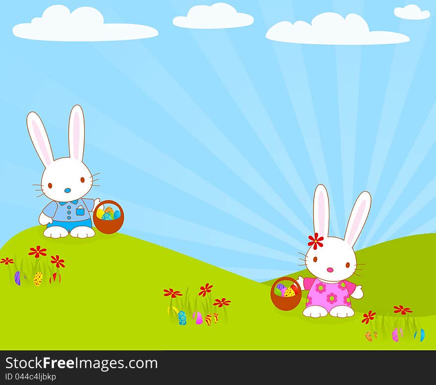 Easter bunnies with their baskets and eggs. Global colors. Easter bunnies with their baskets and eggs. Global colors.