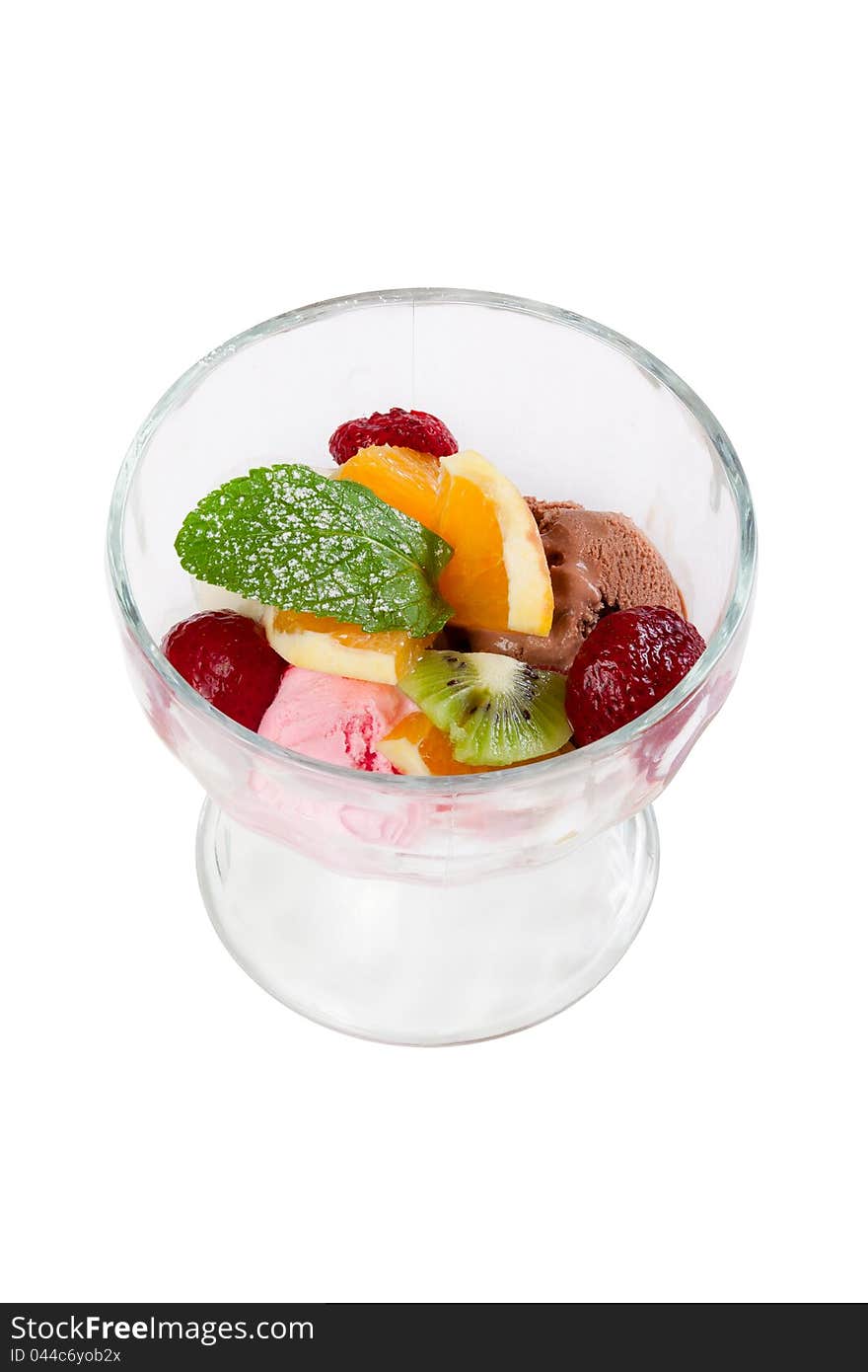 Ice cream with fruits in Cocktail glass, isolated on white