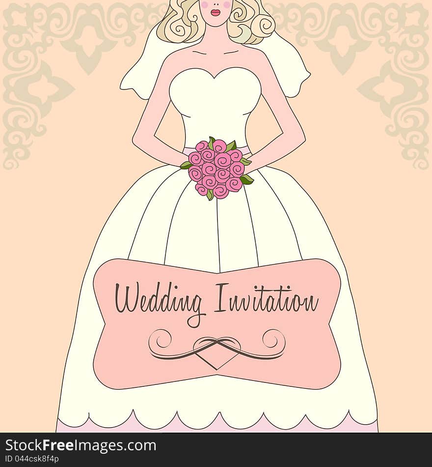 Wedding invitation with white dress and flowers