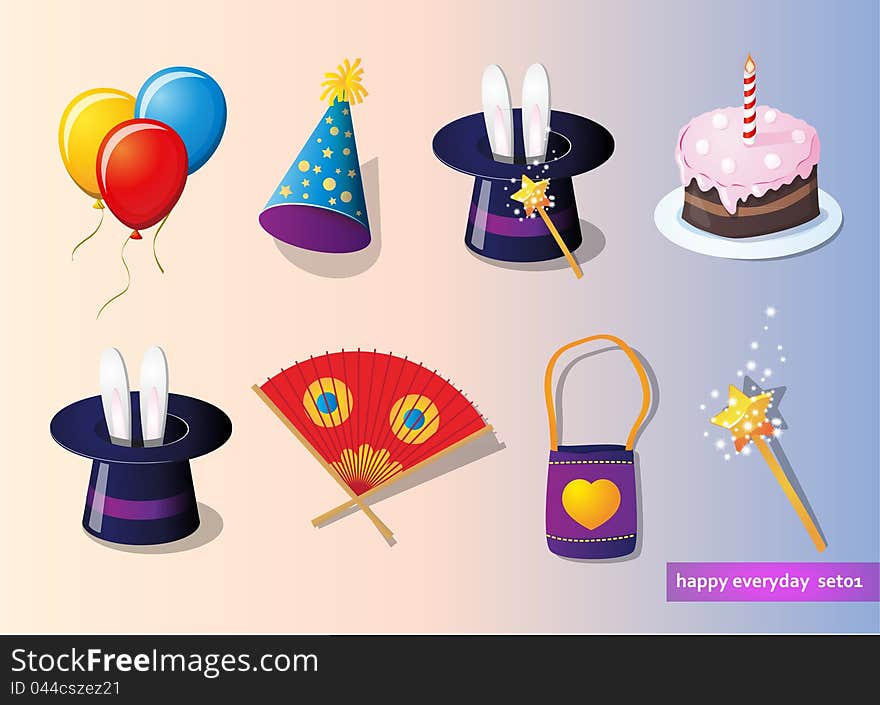 Birthday and party set: cake, magic tools, fan and bubbles