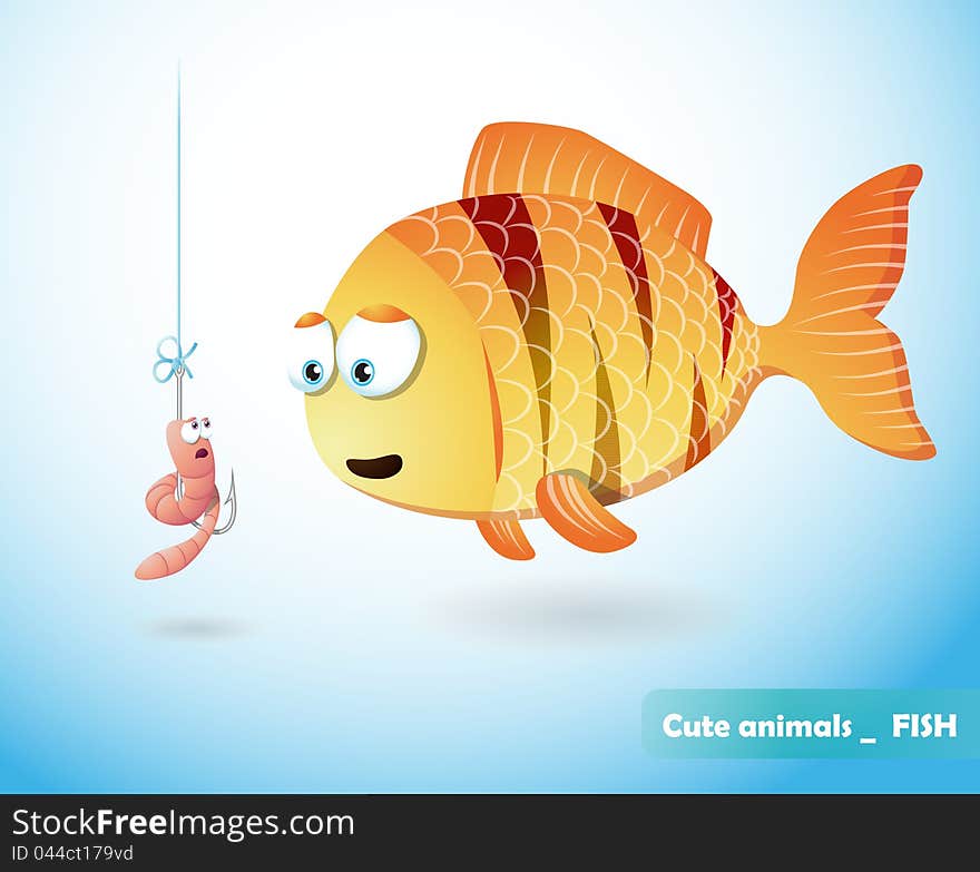 Cute fish and frightened worm, underwater cartoon. Cute fish and frightened worm, underwater cartoon