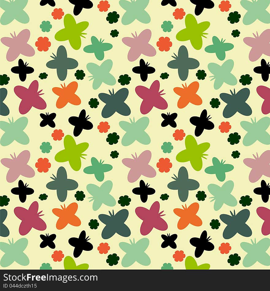 Pattern with colored and black butterflies and flowers. Pattern with colored and black butterflies and flowers