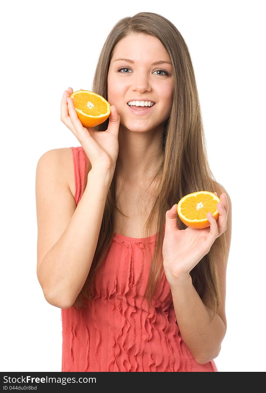 Young beauty woman with orange fruits