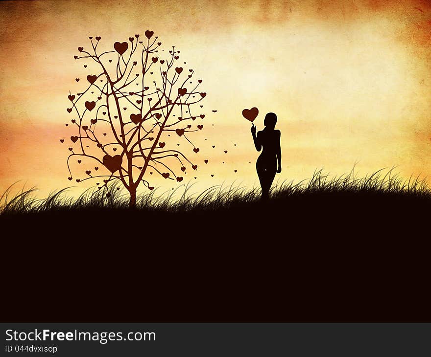 Silhouette of a girl with a heart and tree