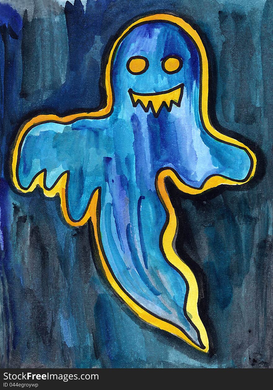 Hand painted watercolor ghost on blue background