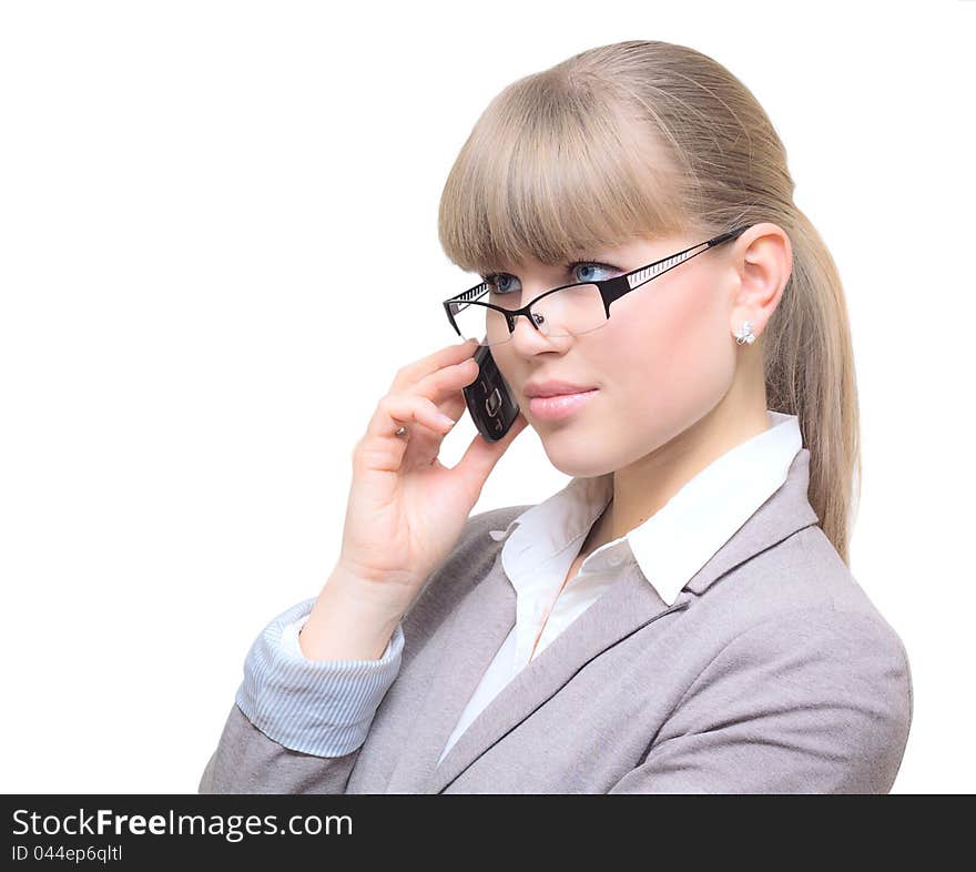 Pretty businesswoman in glasses with cell phone. Pretty businesswoman in glasses with cell phone