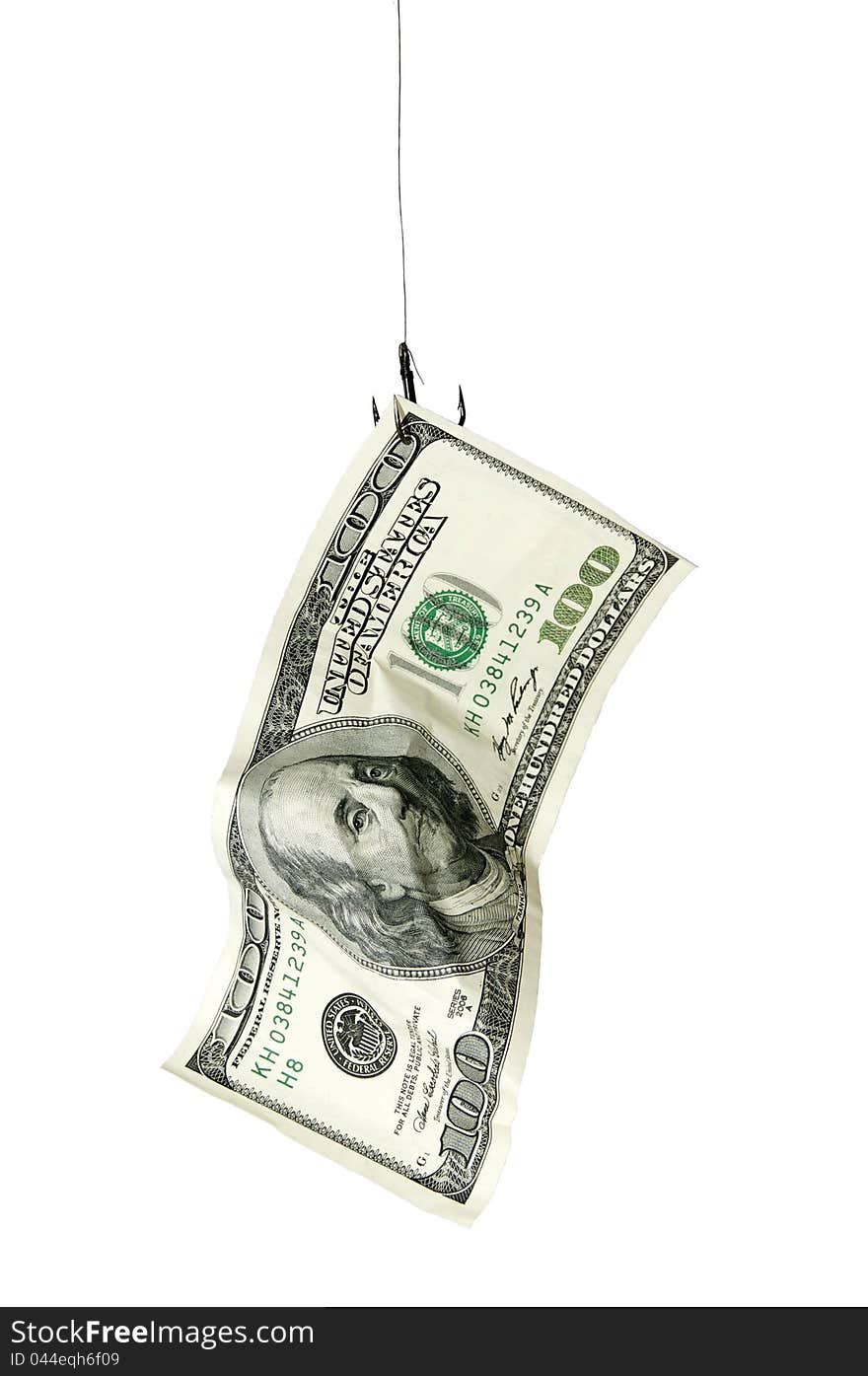 Dollar on a fishing hook on a white background. Dollar on a fishing hook on a white background